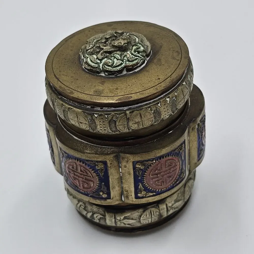 Vintage Chinese Lidded Enamel Brass Tea Caddy Snuff Jar Blue Red